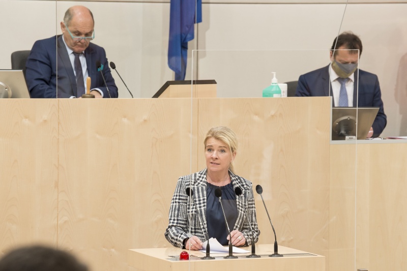 Am Rednerpult: Nationalratsabgeordnete Irene Neumann-Hartberger (V). Am Präsidium: Nationalratspräsident Wolfgang Sobotka (V)