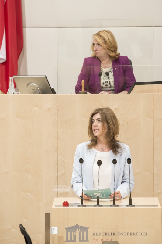 Am Rednerpult: Nationalratsabgeordnete Angela Baumgartner (V). Am Präsidium: Zweite Nationalratspräsidentin Doris Bures (S)