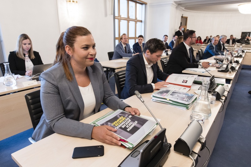 Blick in die Reihen der Abgeordneten von links: Nationalratsabgeordnete Nina Tomaselli (G), Nationalratsabgeordneter David Stögmüller (G), Nationalratsabgeordneter Christian Hafenecker (F)