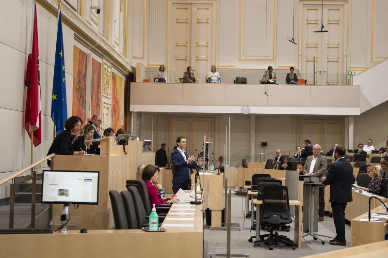 Fragestunde im Nationalrat. Am Rednerpult: Bundeskanzler Sebastian Kurz (V). Fragesteller von rechts: Nationalratsabgeordneter Josef Schellhorn (N), Nationalratsabgeordneter Christoph Matznetter (S)