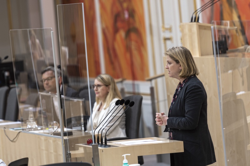 Klubobfrau Beate Meinl-Reisinger (N) bei der Begründung der Anfrage am Rednerpult